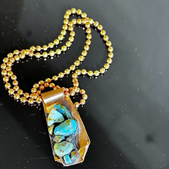 Kingman Turquoise Copper Pendant Necklace Brutalist Gift Choker 16" Handmade - Picture 4 of 6